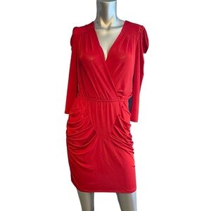 Beyond Vintage ruched simi puff sleeves Red party after five stretchy XS dress